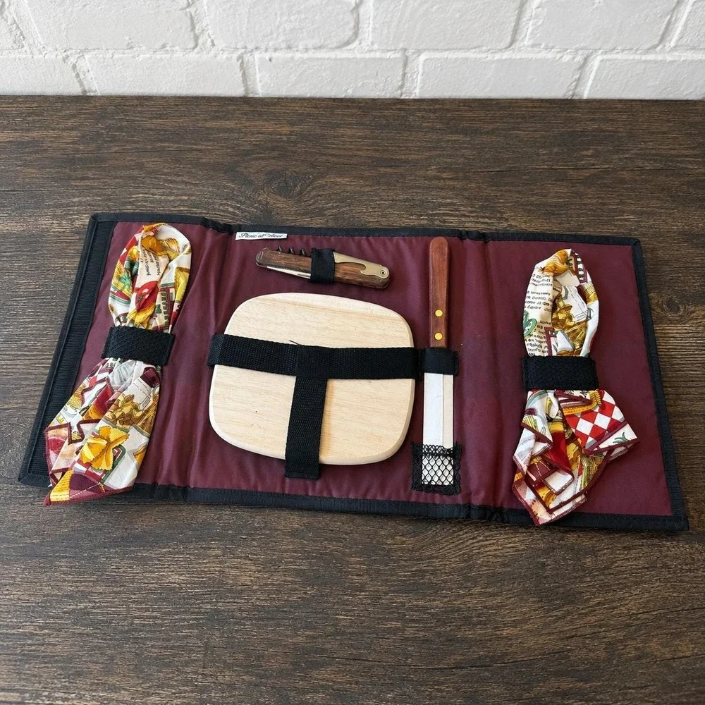 Vintage Picnic at Ascot Wine Cheese Travel Set - Corkscrew Cutting Board Napkins